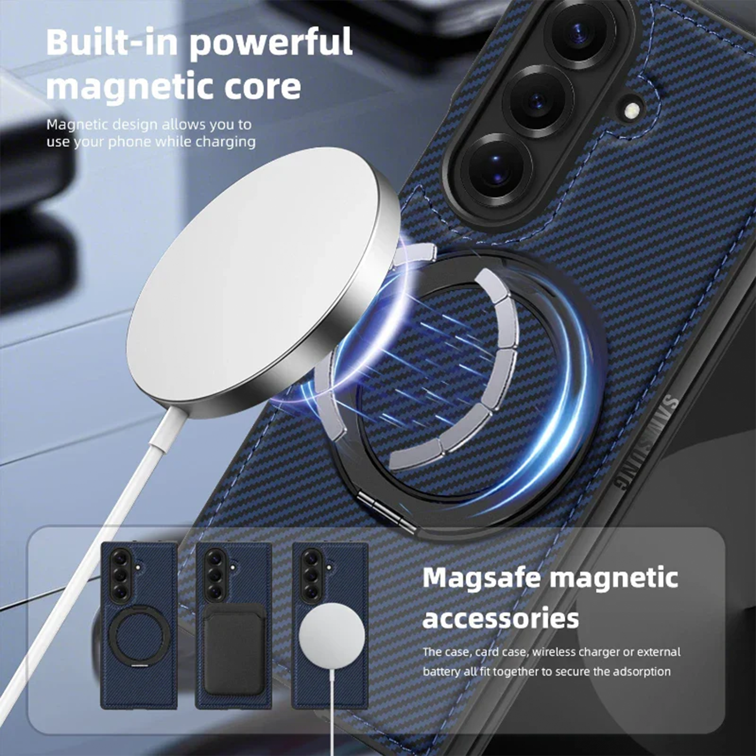Carbon Fiber Z Fold7 Case MagSafe Ring Holder - 360° Kickstand Z Fold 7 Wireless Charging Cover